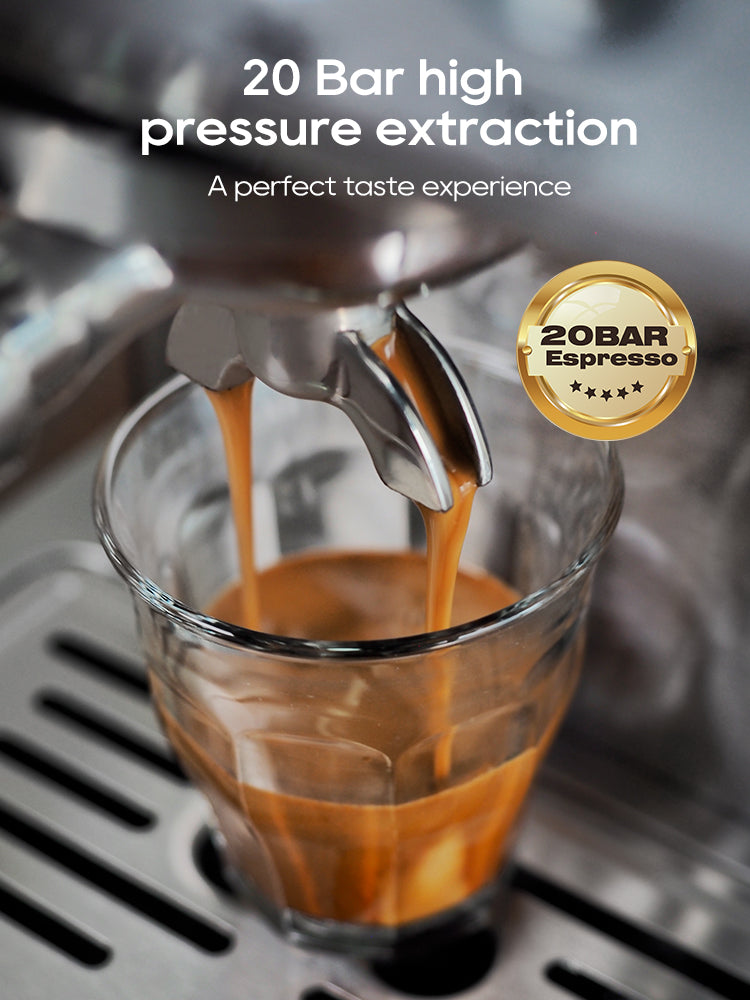 Espresso being extracted into a glass with '20 Bar high pressure extraction' text and '20BAR Espresso' logo.