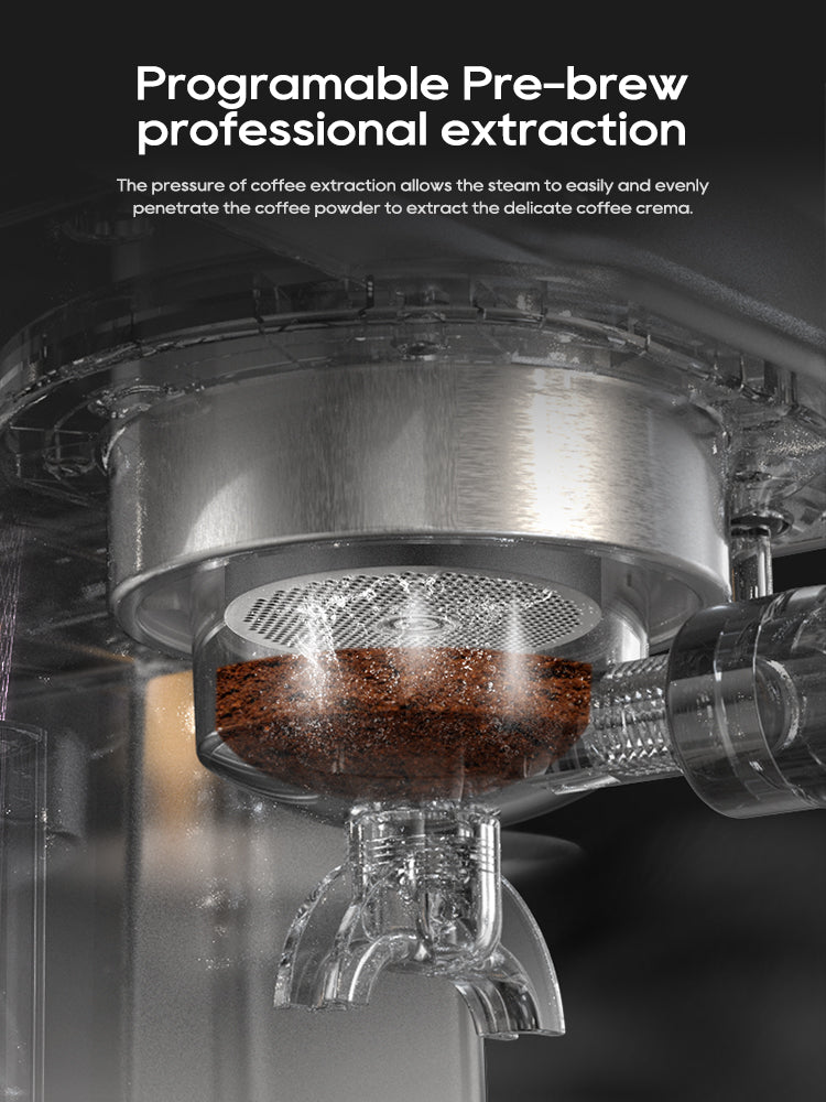 Close-up of a coffee brewing machine with text about programmable pre-brew extraction.