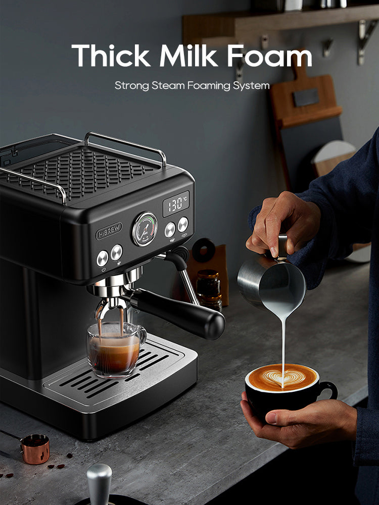 Espresso machine with a person pouring milk foam into a coffee cup, labeled 'Thick Milk Foam' and 'Strong Steam Foaming System'.