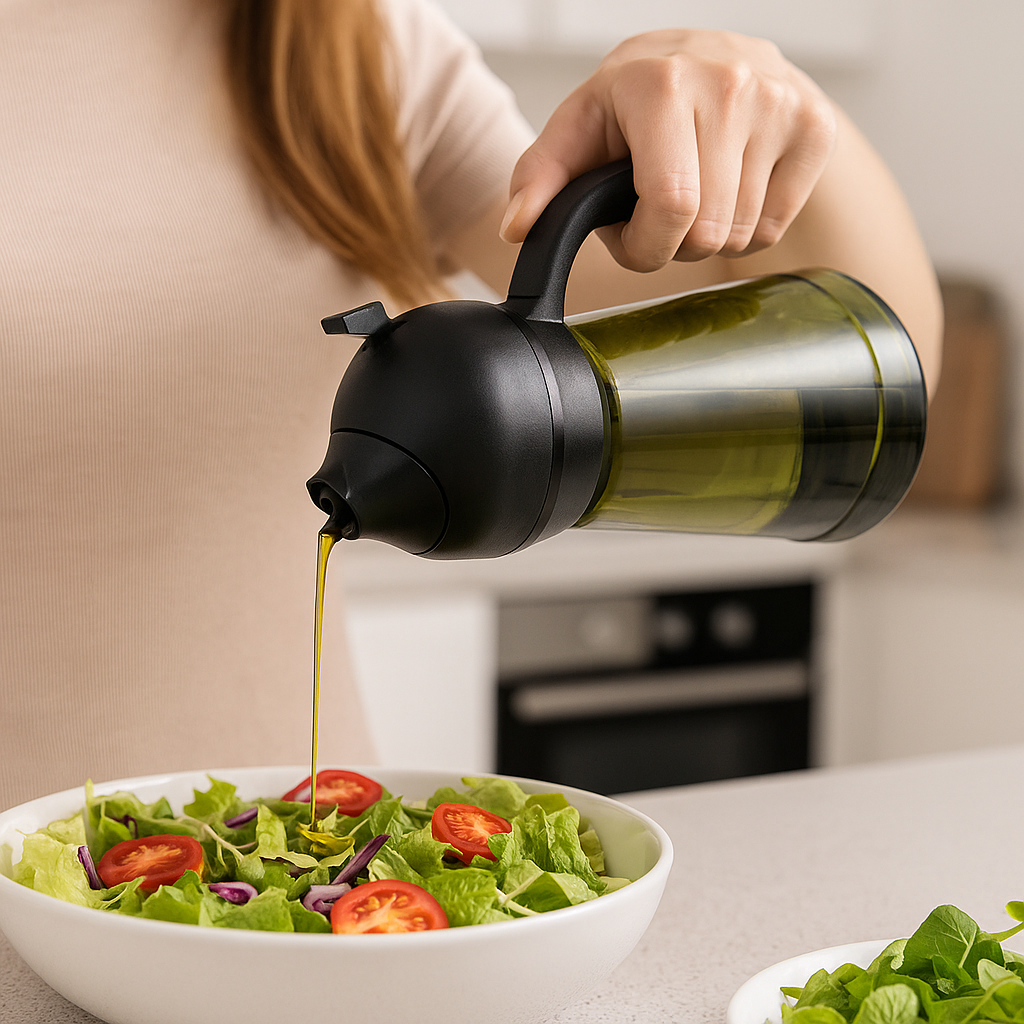 Person pouring olive oil from a Galavilly Oil Sprayer onto a salad in a kitchen setting