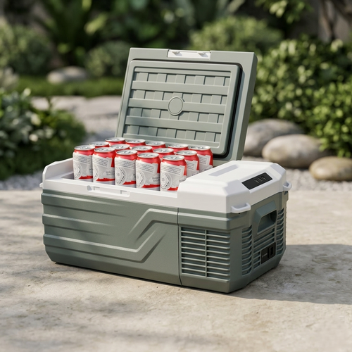Front view of a Alipcool NL15 refrigerator with an outdoor background 