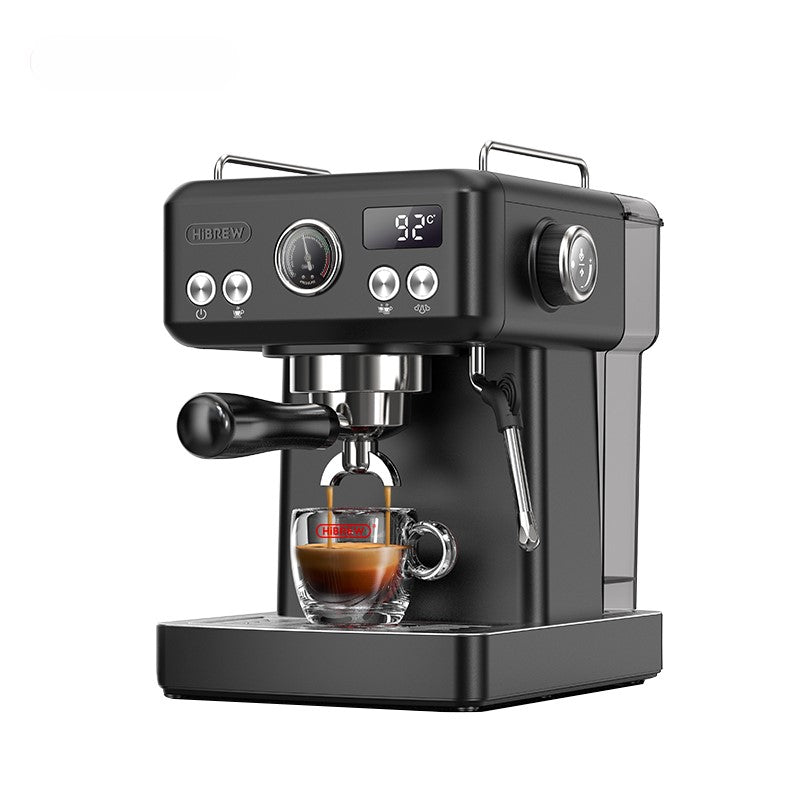 H10A Black espresso machine with a glass cup of coffee on a white background