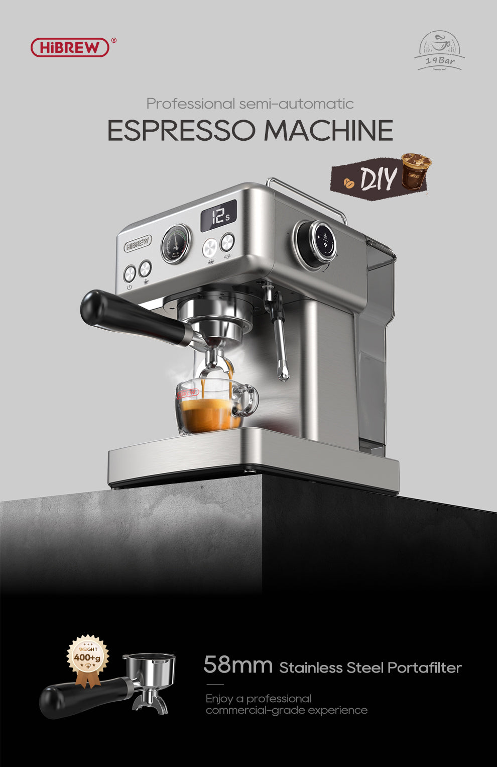HiBREW H10A espresso machine with a glass of coffee on a gray background