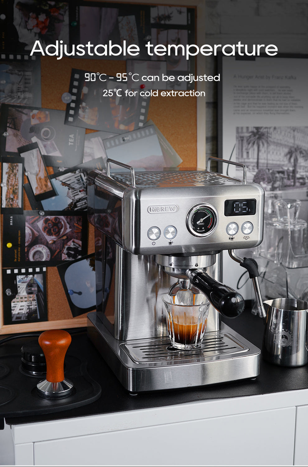 H10A Coffee machine on a kitchen counter with adjustable temperature feature highlighted.