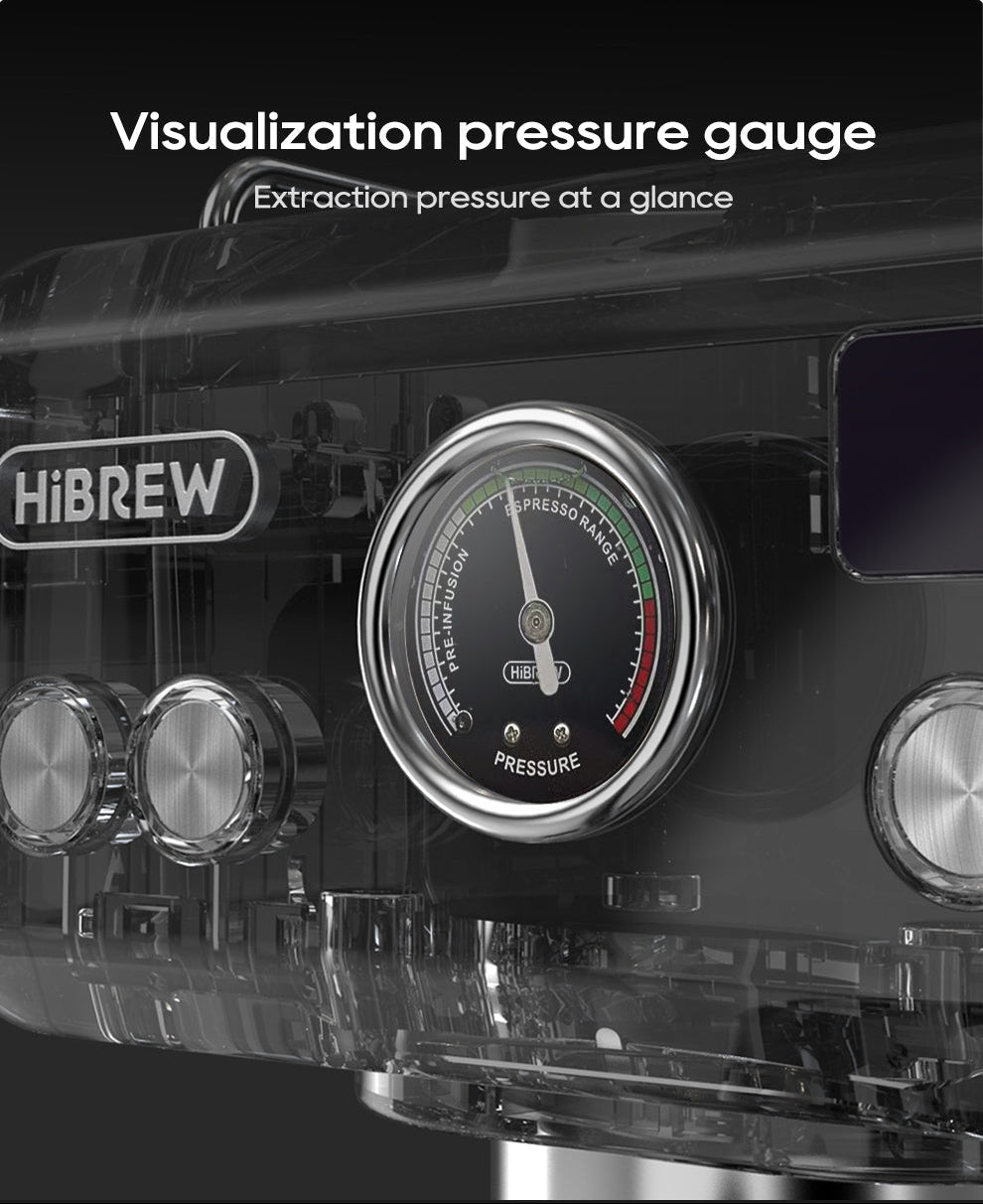 HiBREW coffee machine with a pressure gauge labeled 'Visualization pressure gauge'.