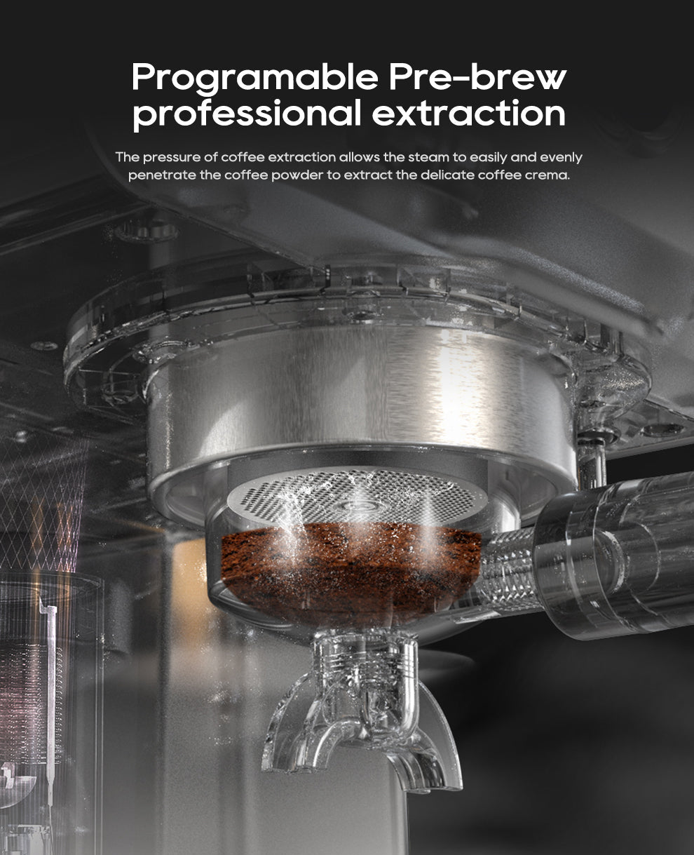 Coffee brewing process with text about programmable pre-brew extraction.