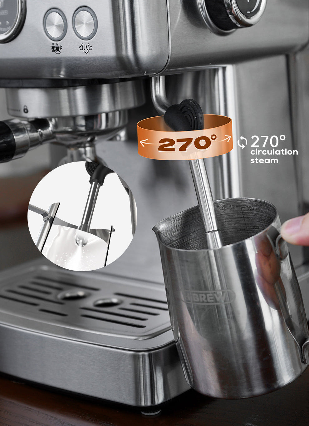 HiBREW H10A espresso machine with a metal pitcher, highlighting steam wand technology.
