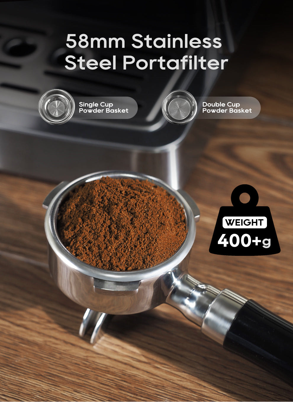 58mm Stainless Steel Portafilter with coffee grounds on a wooden surface
