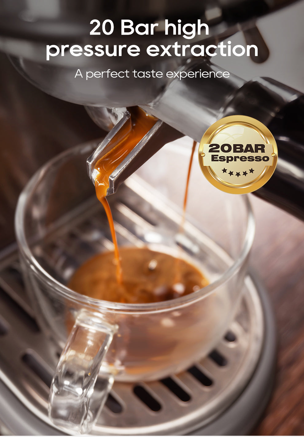 Espresso being extracted into a glass cup with '20 Bar high pressure extraction' text and '20BAR Espresso' logo.