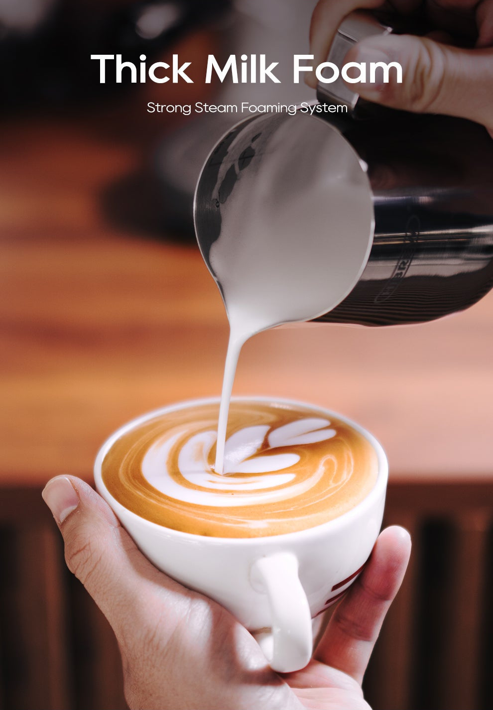 Pouring milk into a cup of coffee with latte art, followed by text about a thick milk foam system.