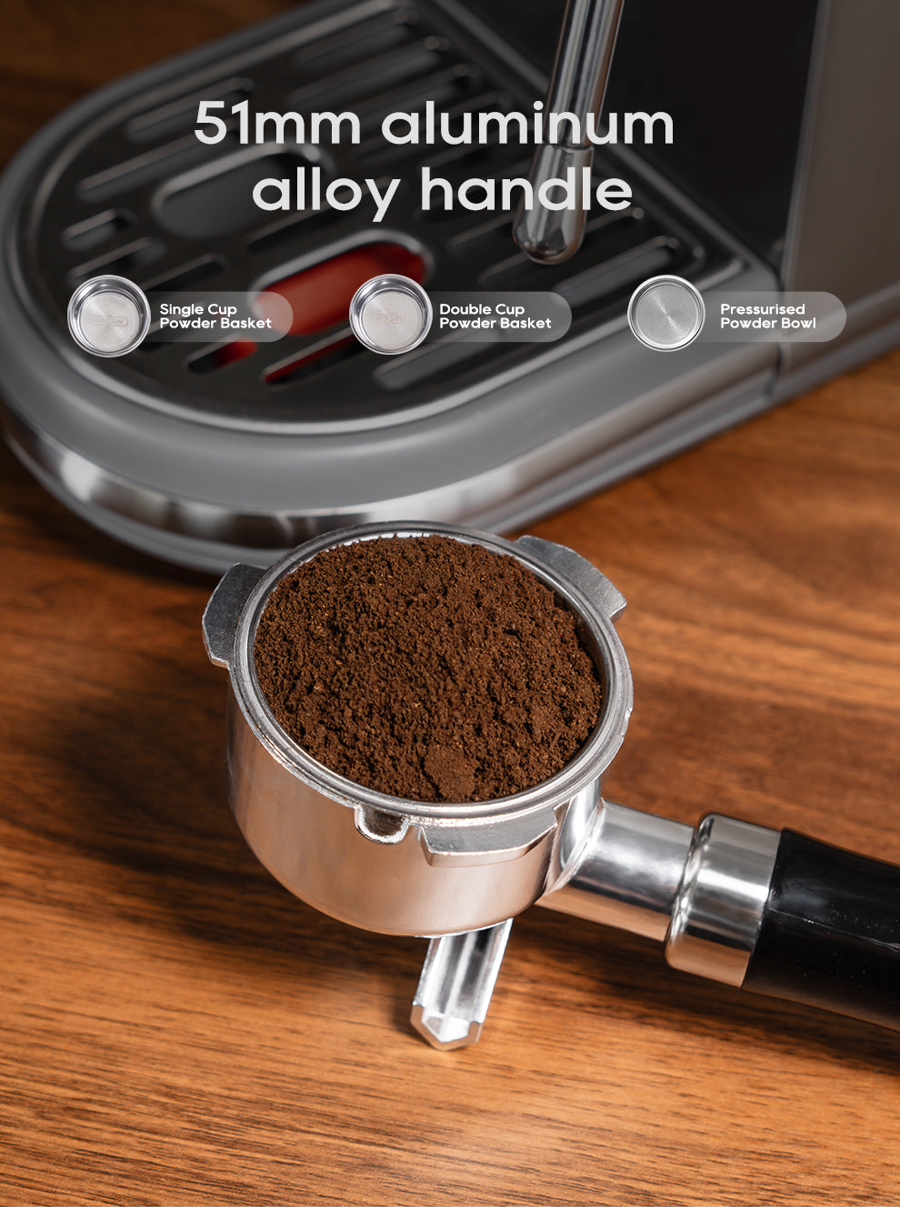 Coffee grinder with 51mm aluminum alloy handle on a wooden surface