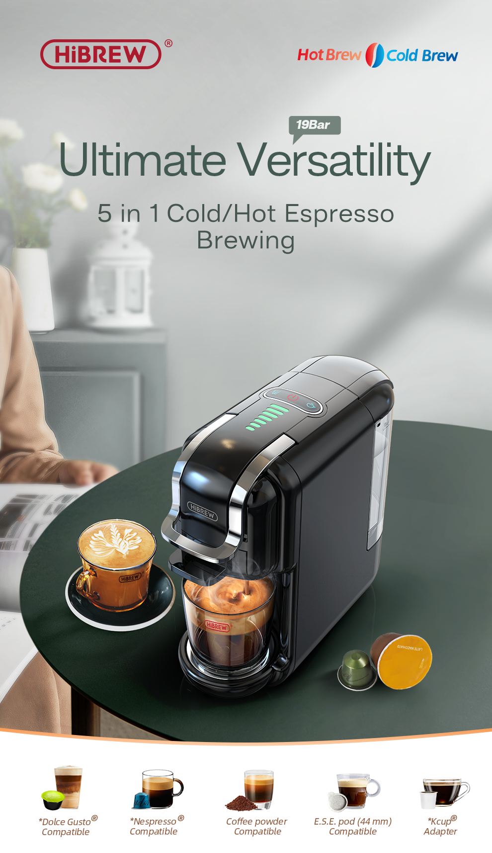 H2B Coffee machine with a cup of coffee on a table, featuring the HIBREW brand.
