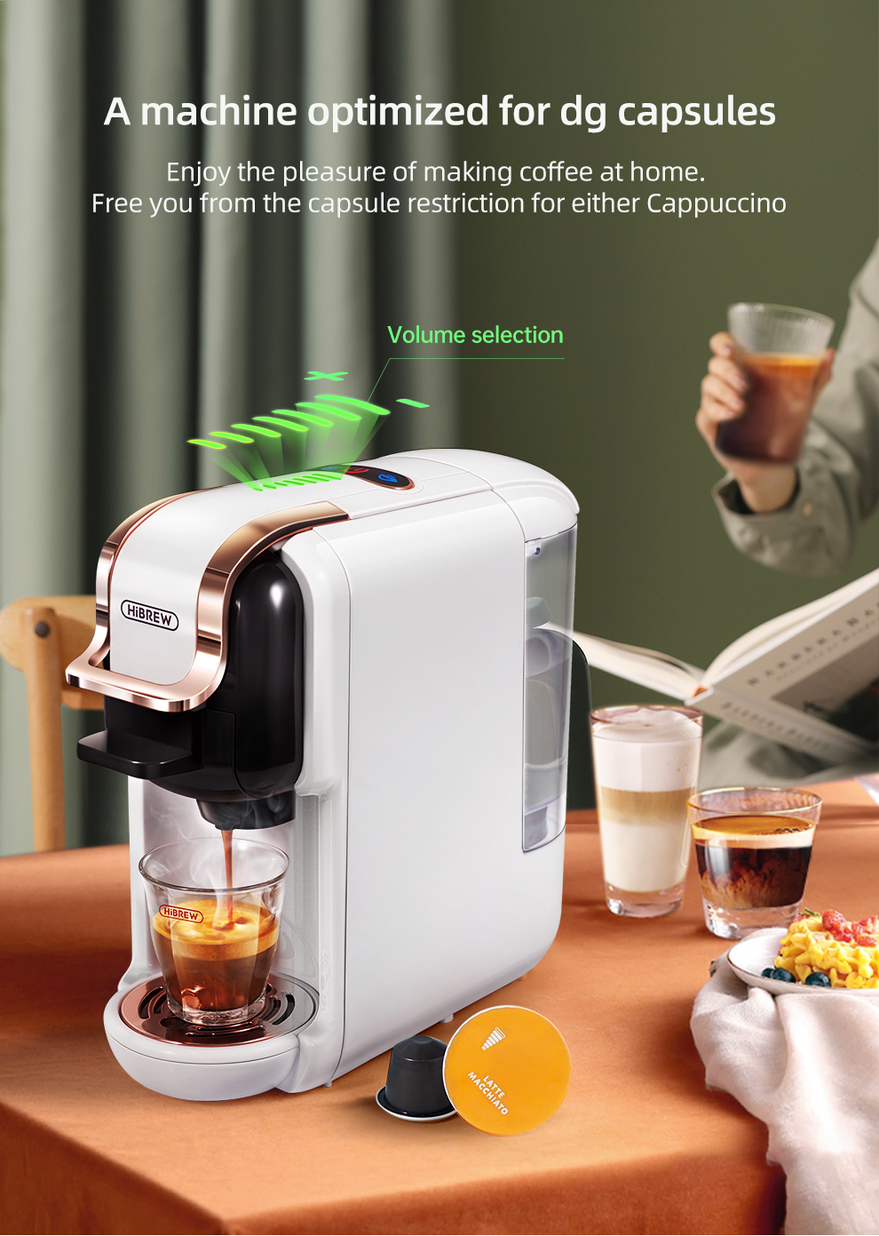 H2B Coffee machine dispensing coffee into a glass on a table with a person reading a newspaper in the background.