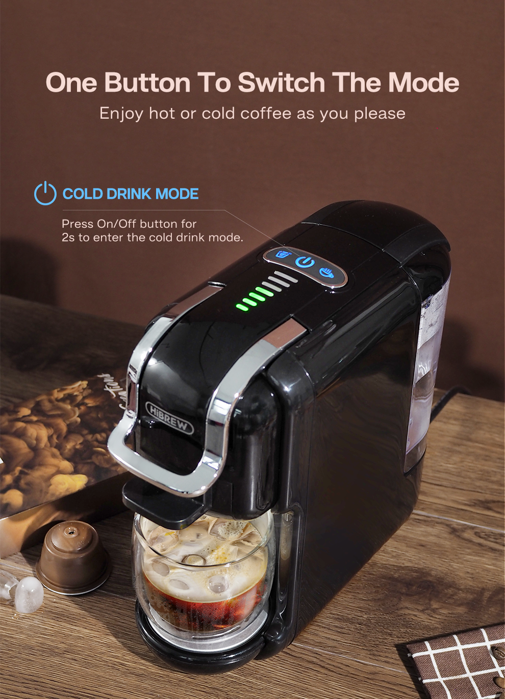 H2B Coffee machine with cold drink mode on a wooden surface
