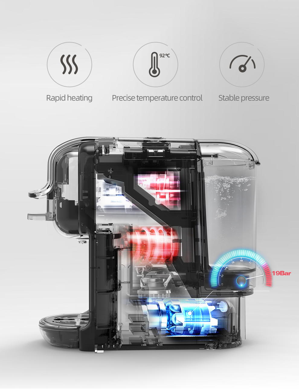 Technical diagram of a H2B Coffee machine with features labelled on a white background