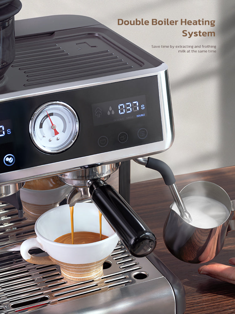 H7A Espresso machine with double boiler heating system, displaying coffee being brewed.