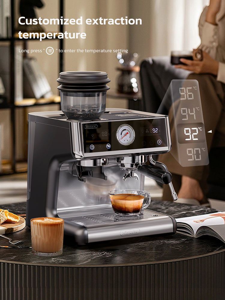 H7A Espresso machine with digital display and temperature control, surrounded by a cozy indoor setting.