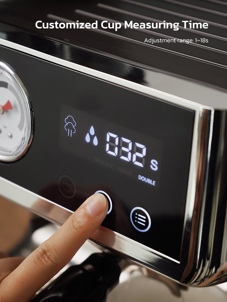 Digital display on a coffee machine with a finger pressing a button, showing customizable cup measuring time.
