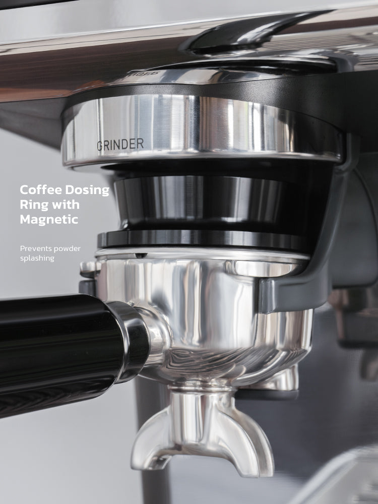 Coffee dosing ring with magnetic feature on a coffee machine.
