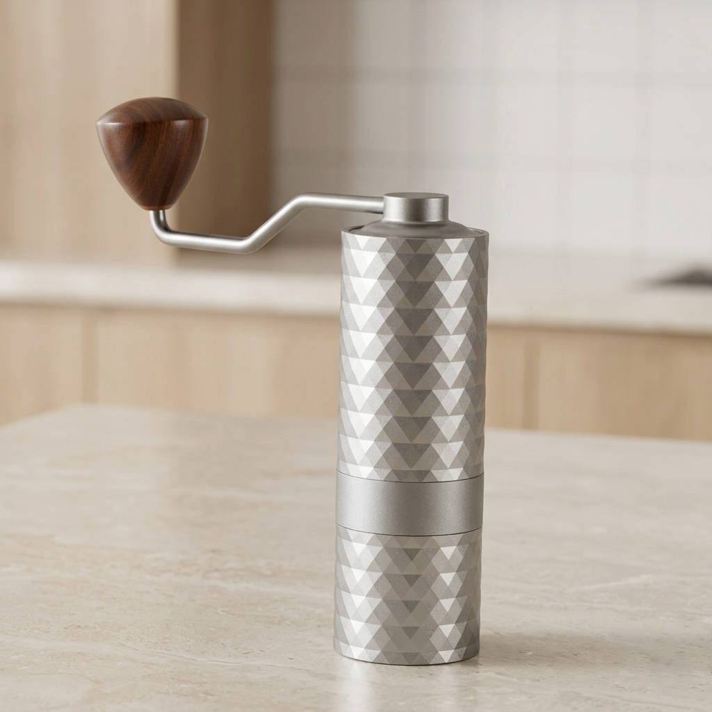 Silver G2 coffee grinder with geometric pattern on a light surface