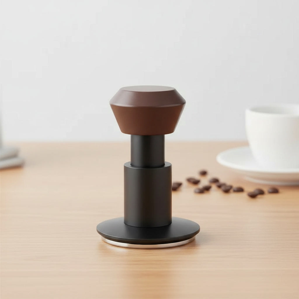 Shot of a HiBREW 58mm tamper with a blurred background studio shot