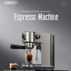 Front and Side view of Hibrew espresso machine with a glass of coffee on a gray background