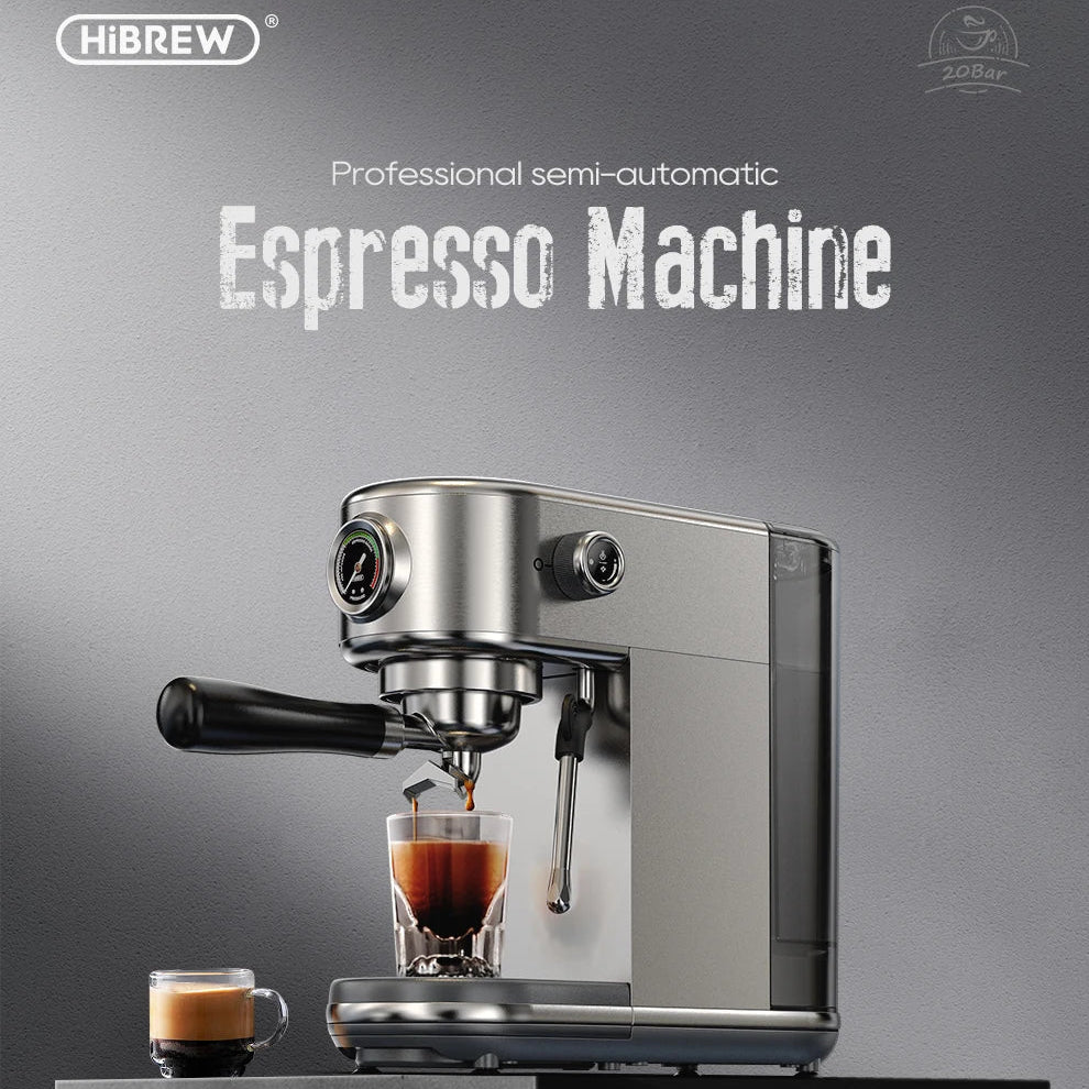 Front and Side view of Hibrew espresso machine with a glass of coffee on a gray background