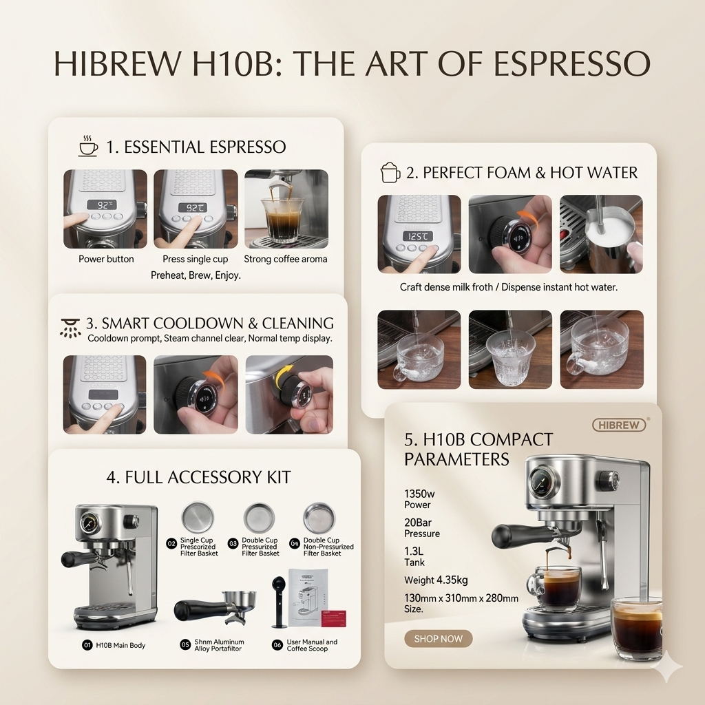 Promotional image of HIBREW H10B espresso machine with features and benefits highlighted.