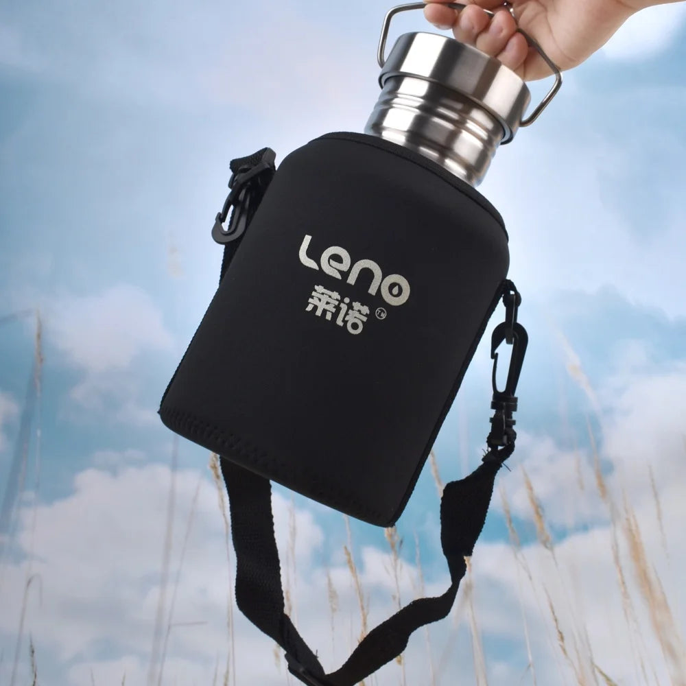 Black carrying case with a silver water bottle labeled 'Leno' against a sky background