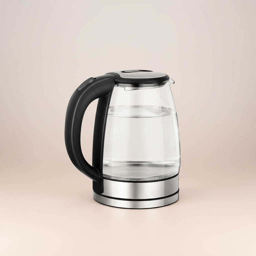 Lonenessl Clear glass electric kettle with black handle on a beige background