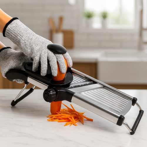 Person using a mandoline slicer to slice carrots in a kitchen setting