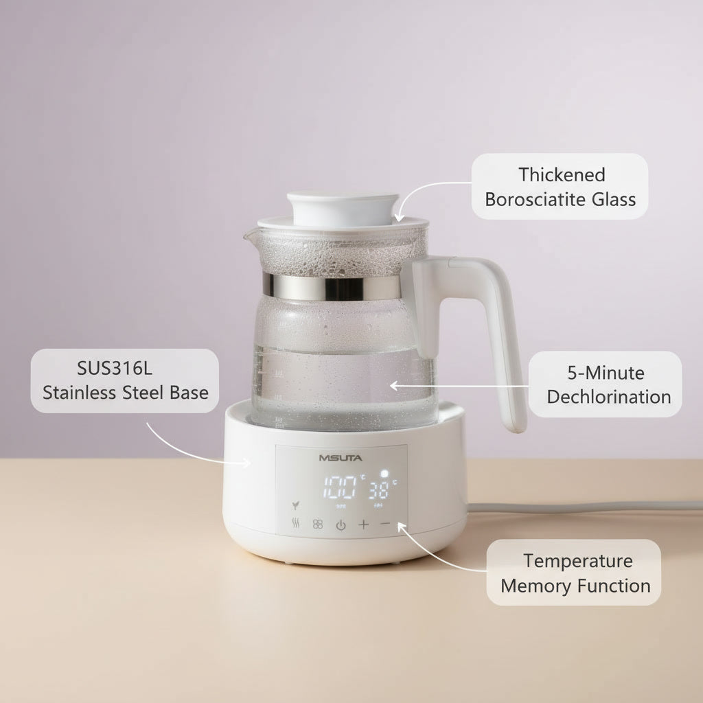 Misuta electric kettle with labelled features on a beige surface and light purple background