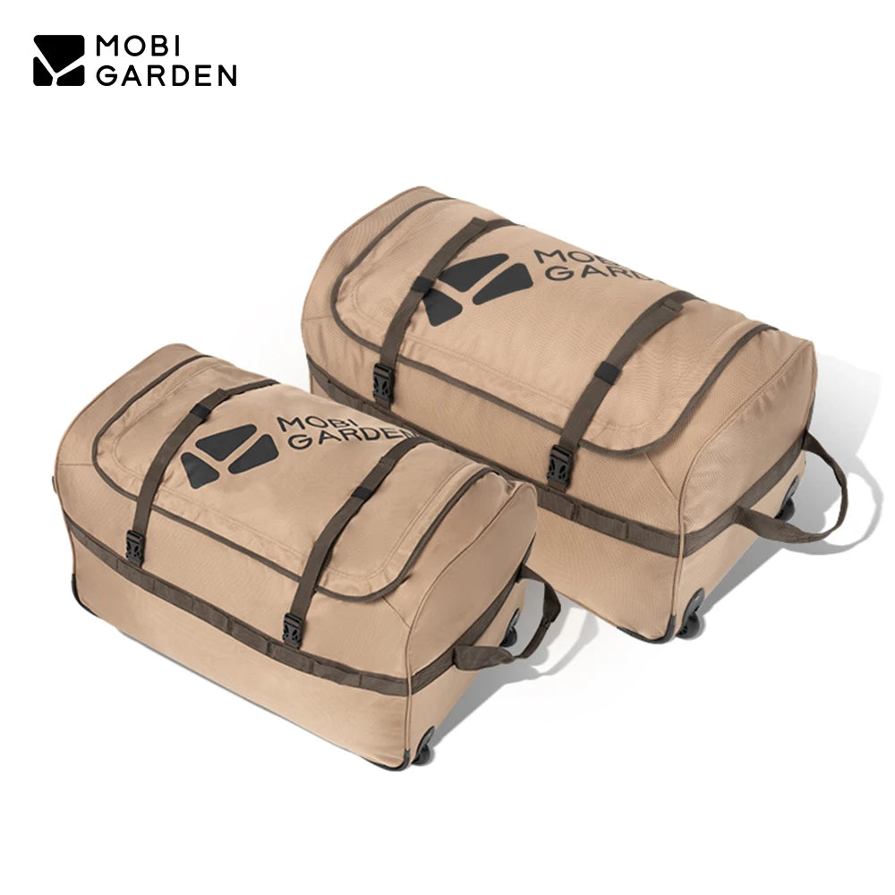 Two beige luggage bags with black straps on a white background, featuring the Mobi Garden logo.