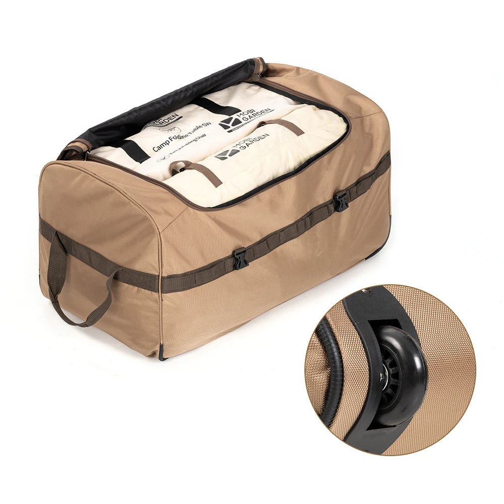 Beige duffel bag with black straps and wheels on a white background