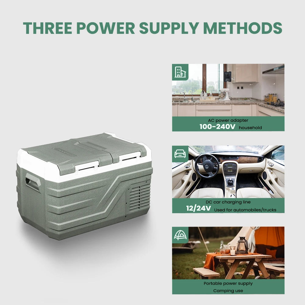 Alpicool Portable cooler with text on power supply methods on a white background