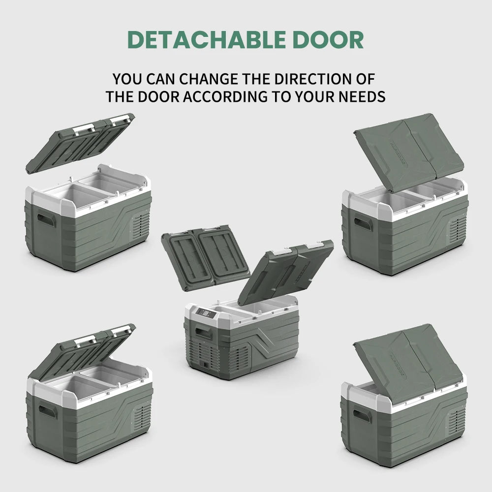 Set of Alpicool coolers with detachable doors on a light grey background