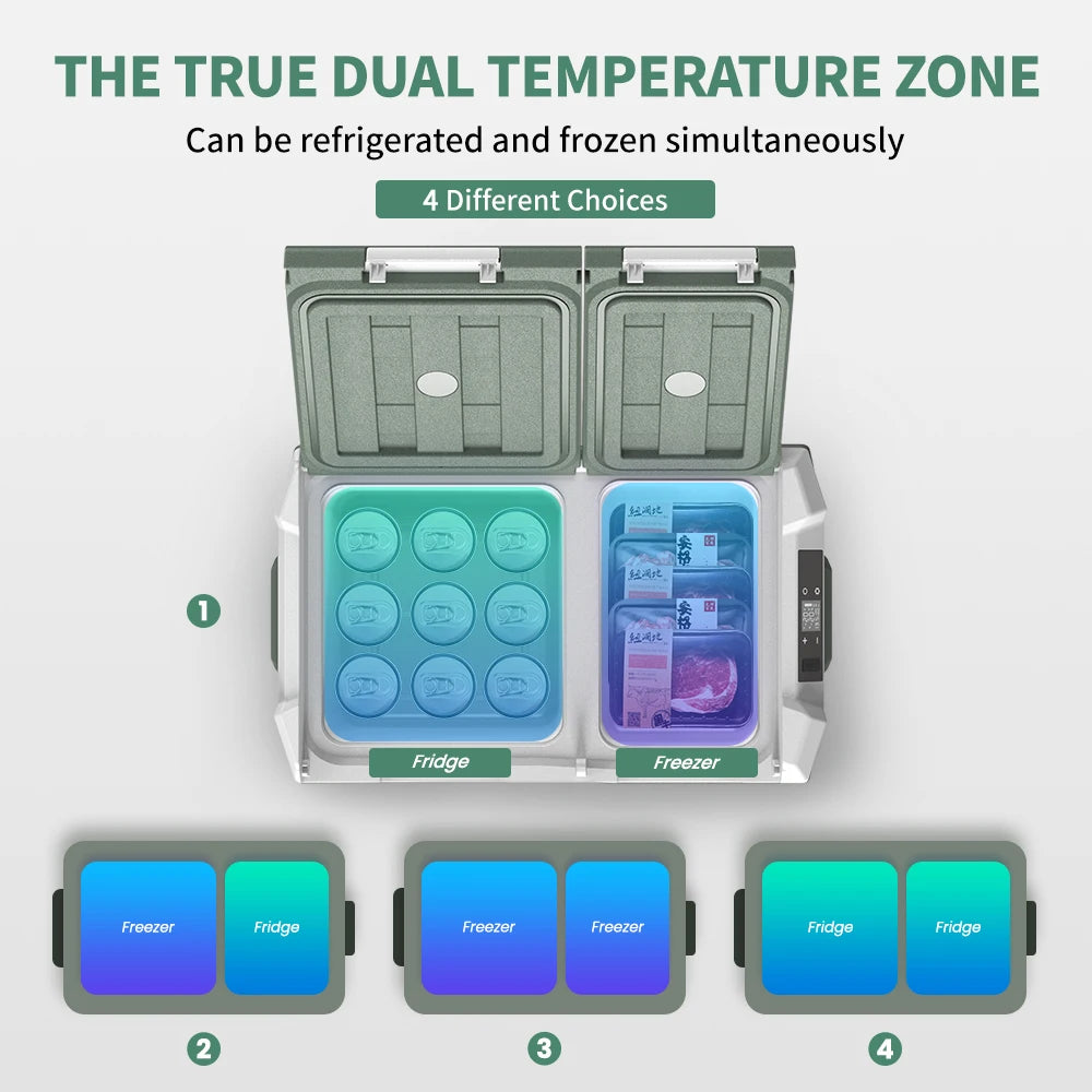 Alpicool Dual temperature zone cooler with labeled sections for fridge and freezer on a white background.