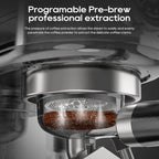 Close-up of a coffee brewing process with text about programmable pre-brew extraction.