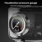 Pressure gauge on a coffee machine with text 'Visualization pressure gauge' and 'Extraction pressure at a glance'.