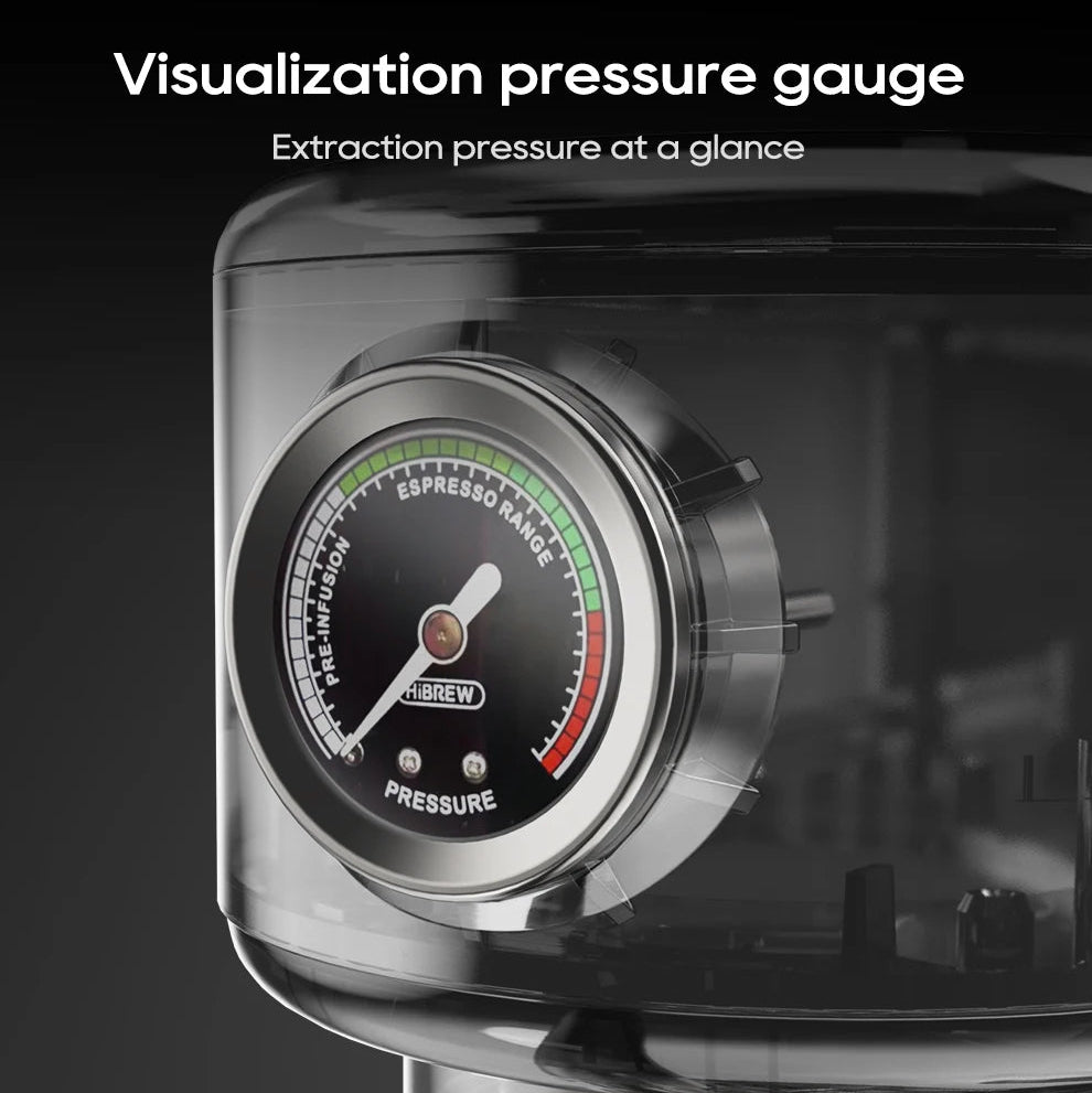 Pressure gauge on a coffee machine with text 'Visualization pressure gauge' and 'Extraction pressure at a glance'.