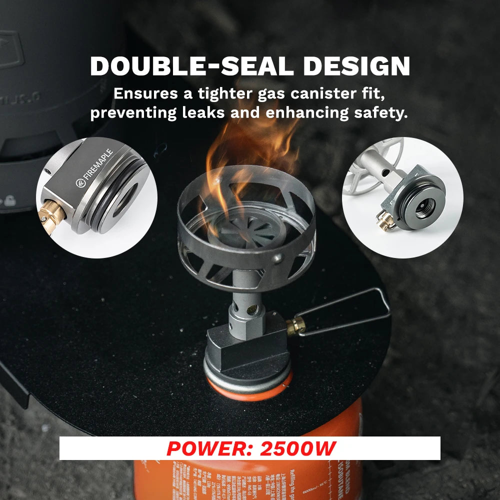 Gas stove with double-seal design feature and power rating on a dark background