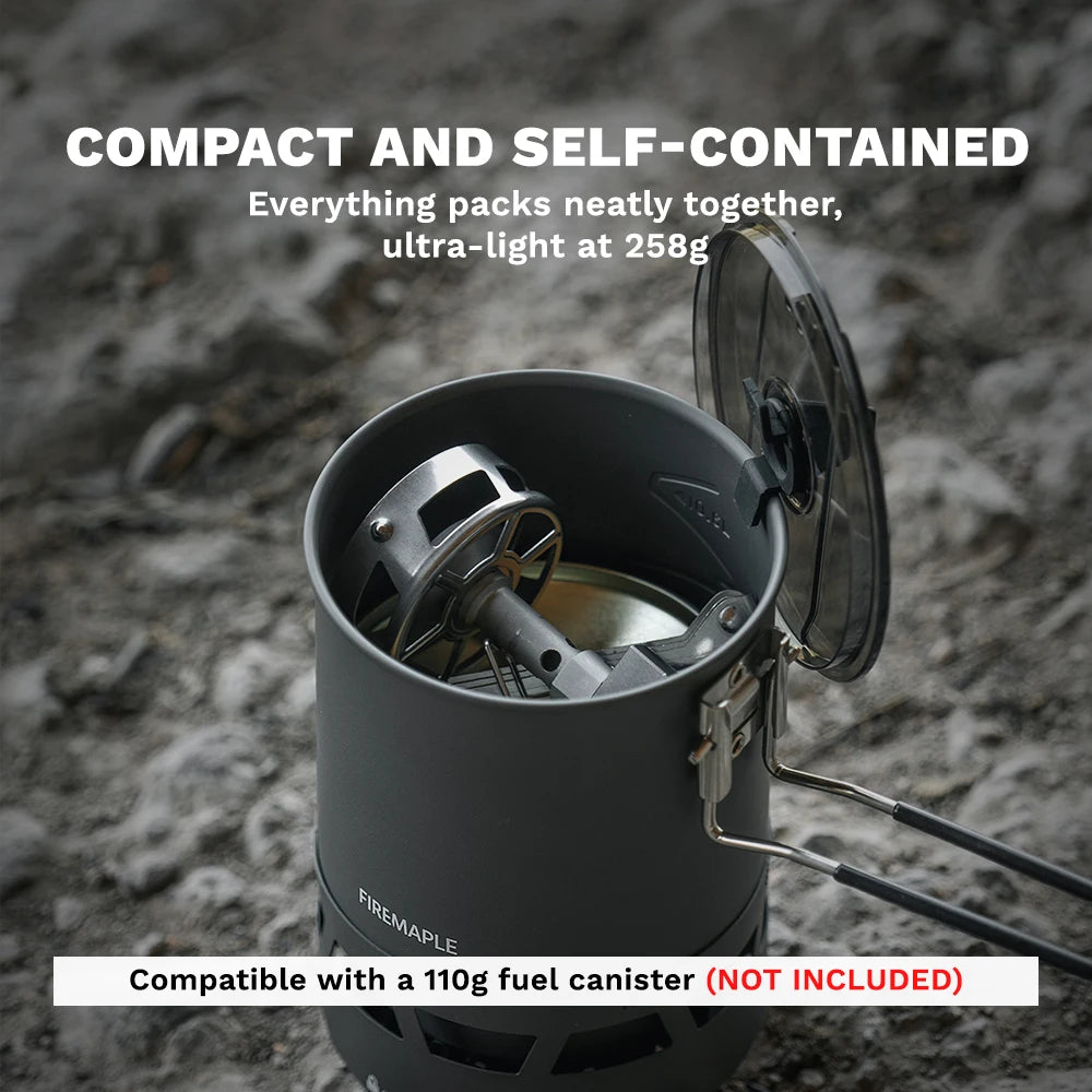 Compact Fire Maple camping stove on a rocky surface with text highlighting its features.