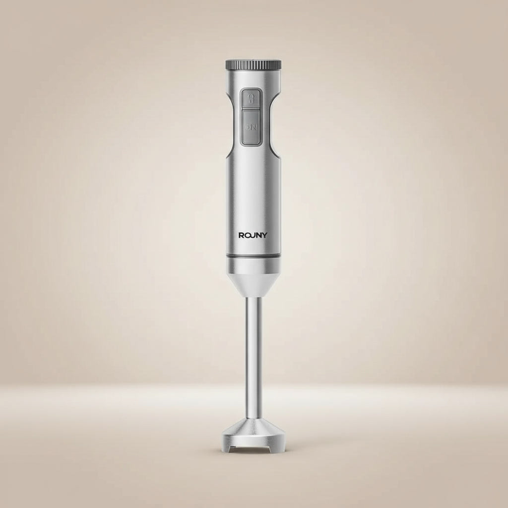 Front view of a ROUNY H1 handheld blender with a soft beige background studio shot 