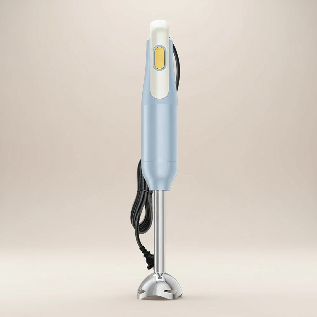 Front view of a ROUNY H2 handheld blender with a soft beige background studio shot 