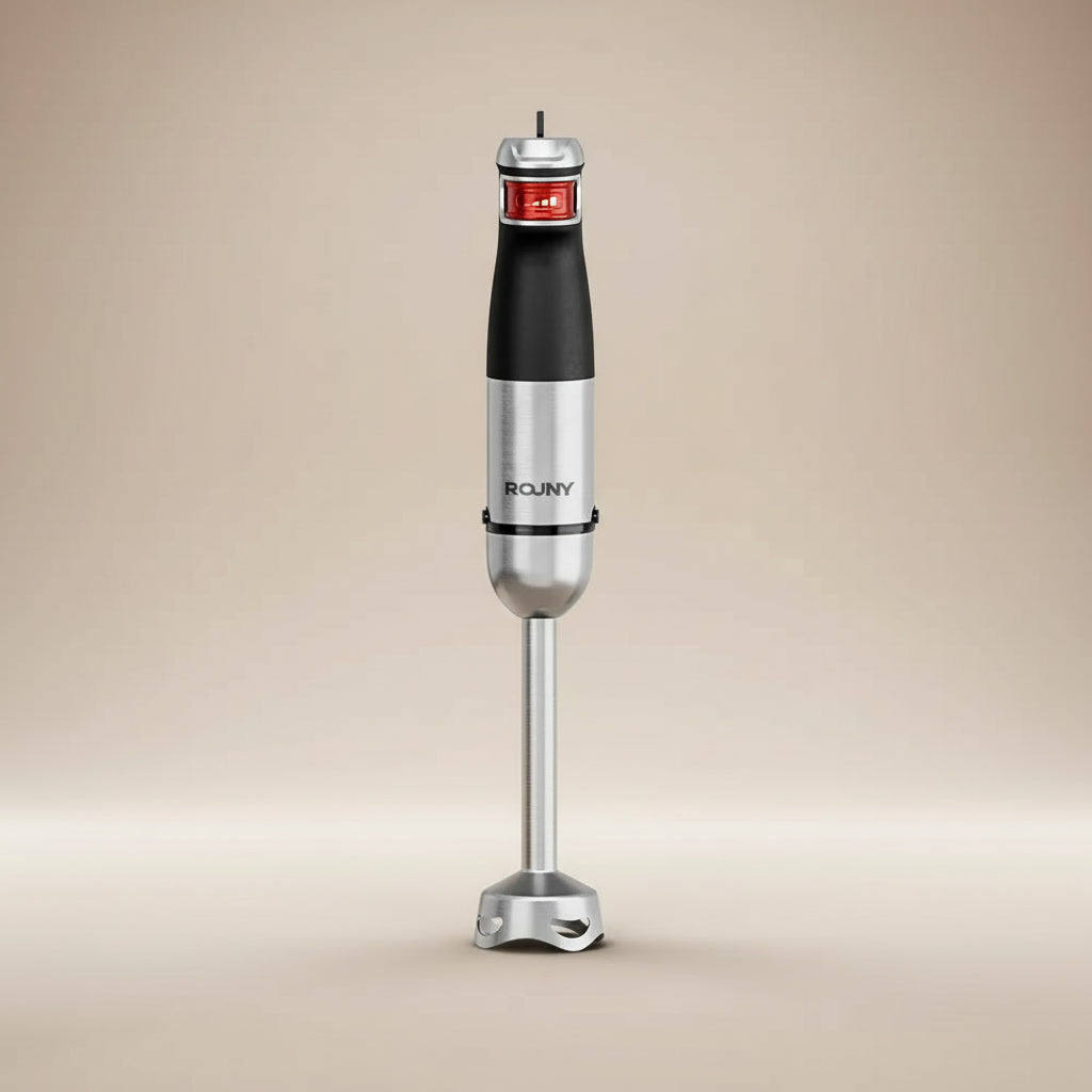 Front view of a ROUNY H4 handheld blender with a soft beige background studio shot 