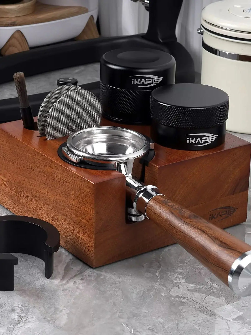 IKAPE 7-in-1 Wooden Espresso Tamper Station & Organizer Stand
