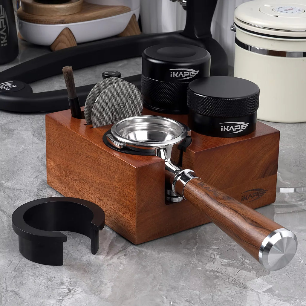 IKAPE 7-in-1 Wooden Espresso Tamper Station & Organizer Stand