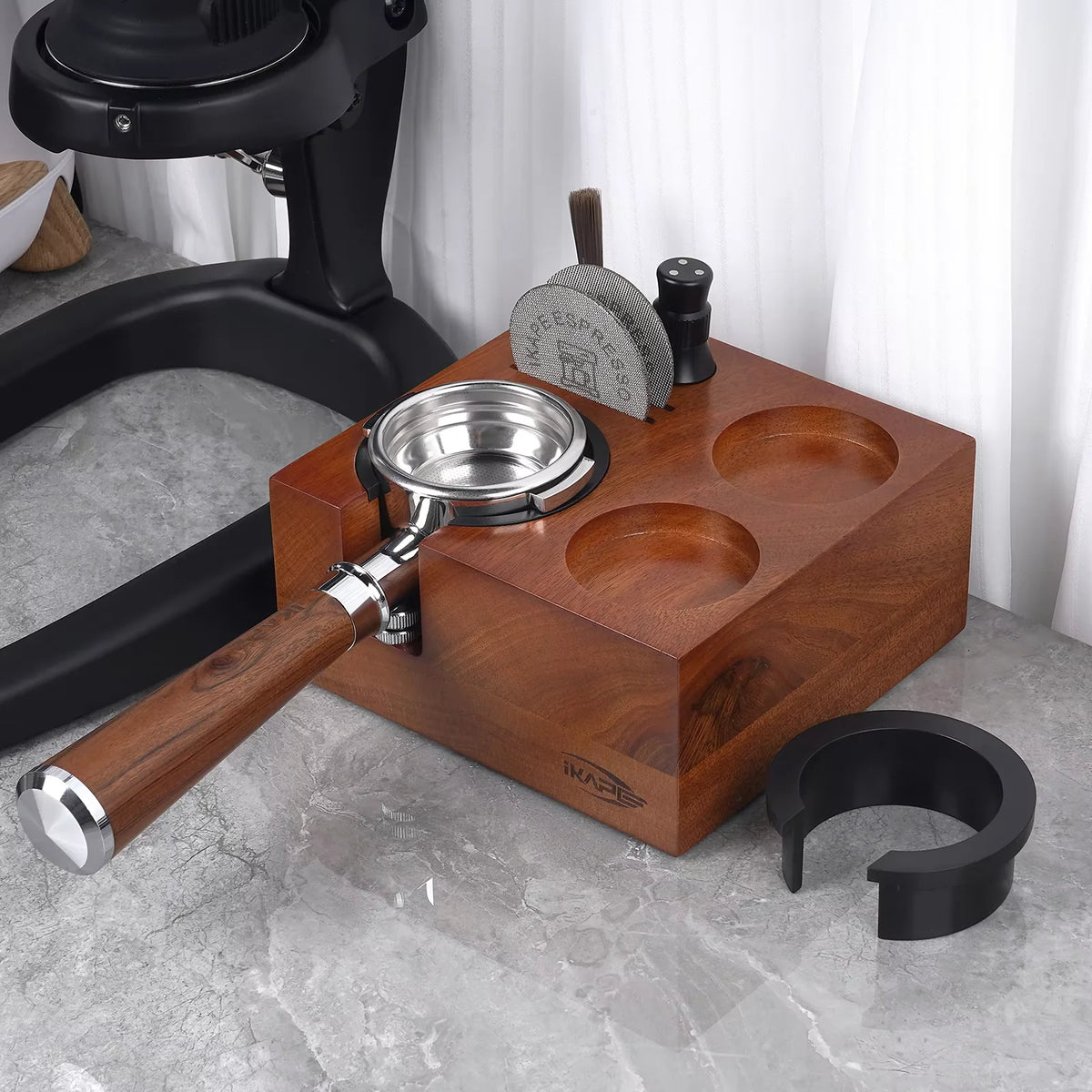IKAPE 7-in-1 Wooden Espresso Tamper Station & Organizer Stand