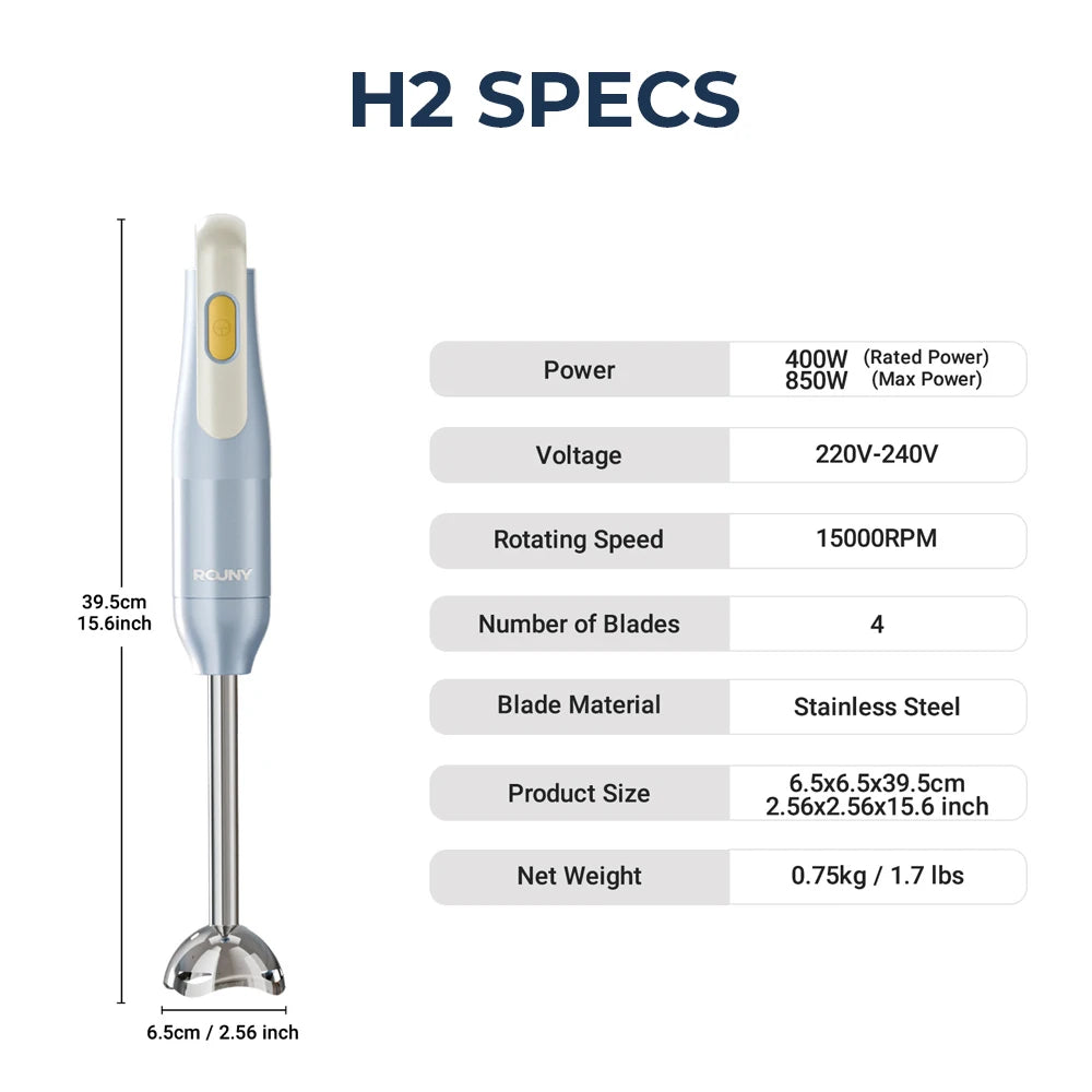 ROUNY H2 Handheld Immersion Blender with Stainless Steel Blades for Kitchen Food Mixing
