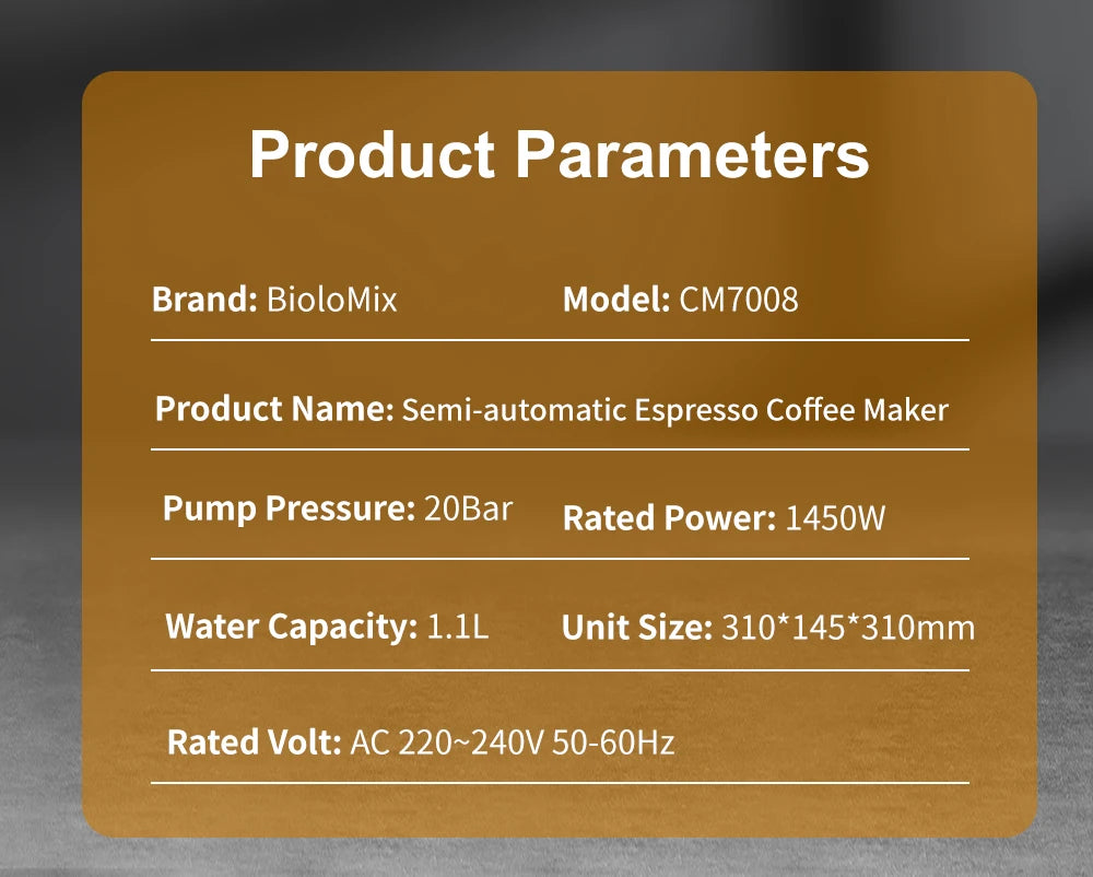 BioloMix CM7008 20‑Bar Semi‑Automatic Espresso Machine Compact, Powerful & Café‑Quality Extraction